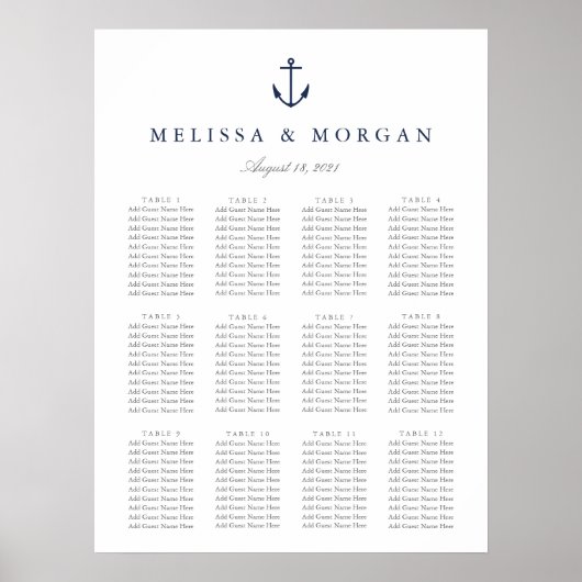 Nautical Anchor Wedding Seating Chart ポスター (正面)
