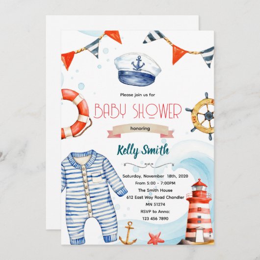 Nautical baby shower invitation 招待状 (正面/裏面)