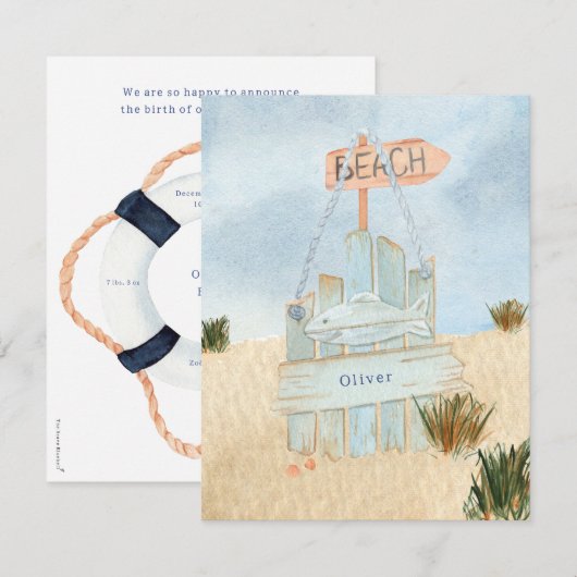 Nautical Beach Ocean Lifebuoy Birth Announcement ノートカード (正面/裏面)
