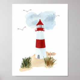 Nautical Beach Red And White Lighthouse Nursery  ポスター