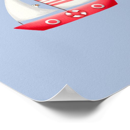 Nautical Beach Red Sailboat With Seagulls Nursery  ポスター (角)
