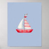 Nautical Beach Red Sailboat With Seagulls Nursery  ポスター (正面)