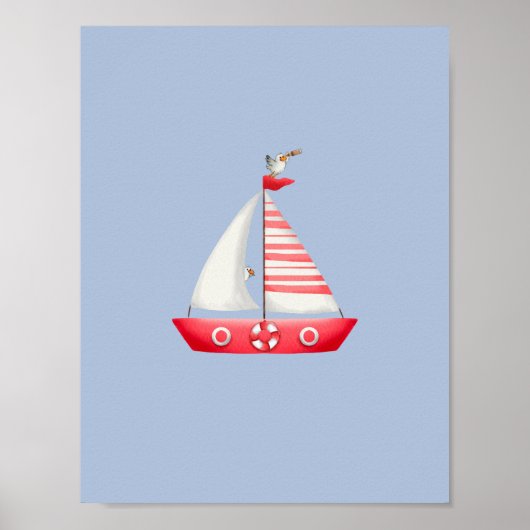 Nautical Beach Red Sailboat With Seagulls Nursery  ポスター (正面)