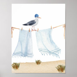 Nautical Beach Seagull With A Hat Laundry Nursery ポスター