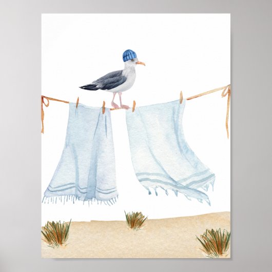 Nautical Beach Seagull With A Hat Laundry Nursery ポスター (正面)