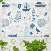 Nautical Beach Summer Blue Pink Coastal (1) キッチンタオル (折り畳み)
