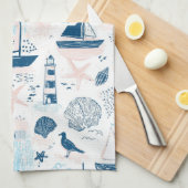 Nautical Beach Summer Blue Pink Coastal (1) キッチンタオル (四つ折り)