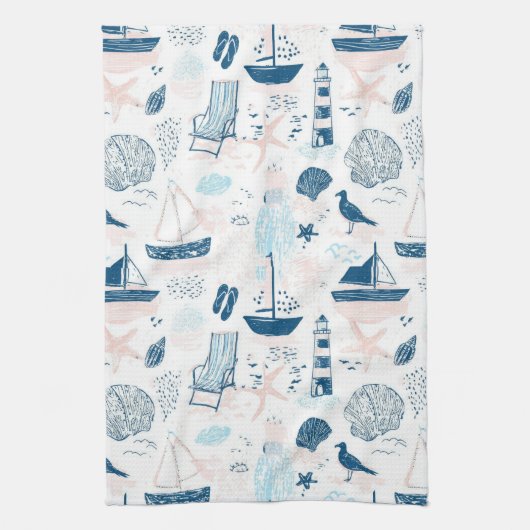 Nautical Beach Summer Blue Pink Coastal (1) キッチンタオル (縦)