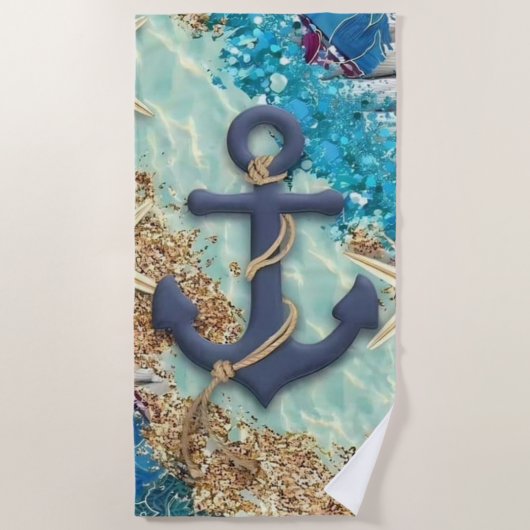 Nautical Beach Towel with Blue Anchor  ビーチタオル (正面)