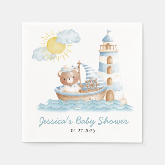 Nautical Bear Watercolor Boat Baby Shower スタンダードカクテルナプキン (正面)