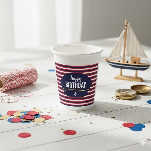 Nautical Birthday Captain Hat Stripe Party Theme 紙コップ