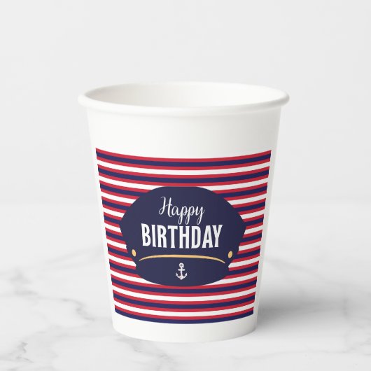 Nautical Birthday Captain Hat Stripe Party Theme 紙コップ (正面)