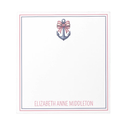 Nautical Blue Anchor With Red and White Stripe Bow ノートパッド (正面)