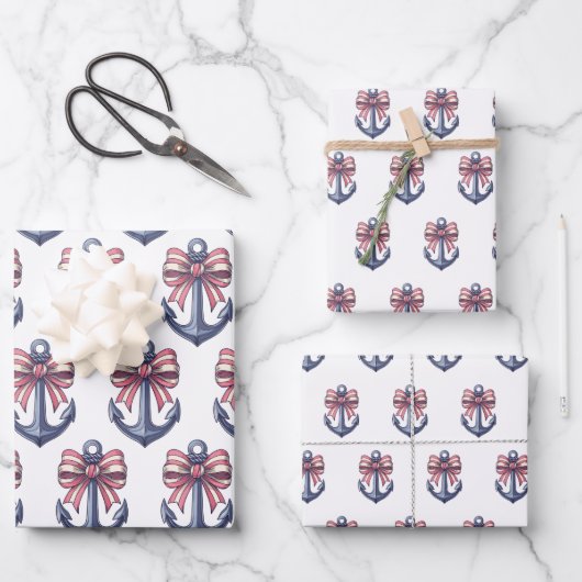 Nautical Blue Anchor With Red and White Stripe Bow ラッピングペーパーシート (正面)