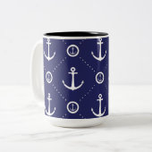Nautical Blue and White Anchor Pattern Mug ツートーンマグカップ (正面左)