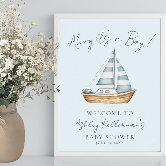 Nautical Blue Boy Baby Shower Welcome Sign ポスター