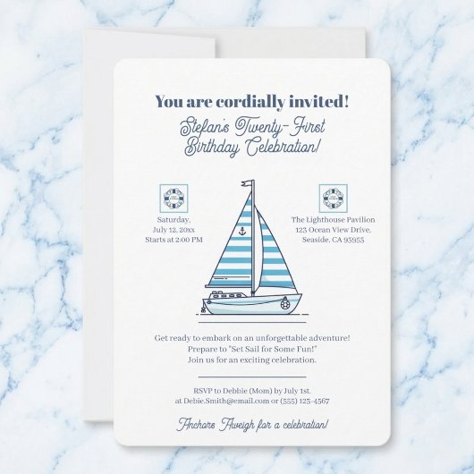 Nautical Blue Sailboat Birthday Party Invitation 招待状