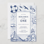 Nautical Blue Sailboat Lighthouse 1st Birthday 招待状 (正面)