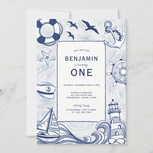 Nautical Blue Sailboat Lighthouse 1st Birthday 招待状 (正面)