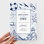 Nautical Blue Sailboat Lighthouse 1st Birthday 招待状