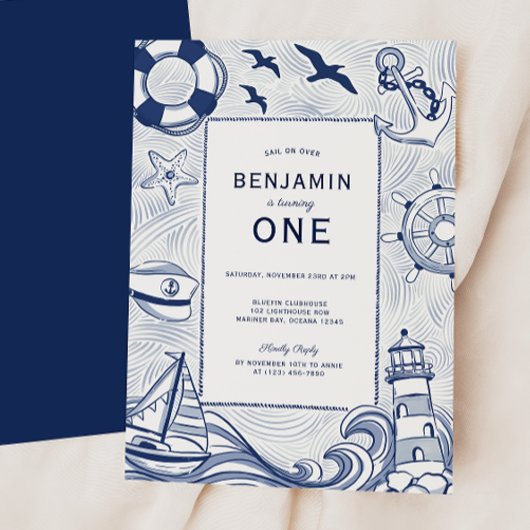 Nautical Blue Sailboat Lighthouse 1st Birthday 招待状