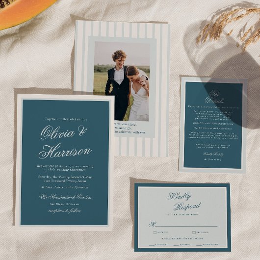 Nautical Blue Stripe Elegant Wedding Invitation 招待状