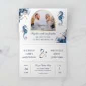 Nautical Blue Watercolor Seahorse QR Code Wedding 招待状 (内部)