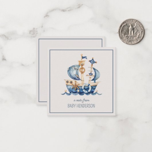 Nautical Blue Watercolor Ship Personalized ノートカード (正面/裏面インサイチュ)