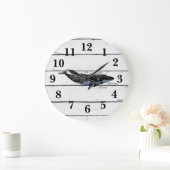 Nautical Blue Whale Shiplap Rustic Decor ラージ壁時計 (ホーム)