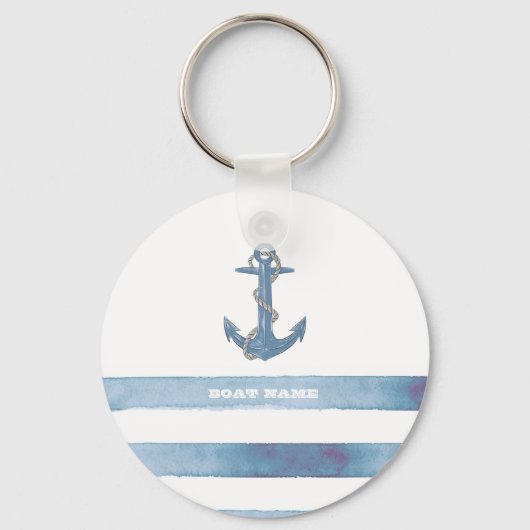 Nautical Boat Name,Anchor,Rope,Light Blue Stripes  キーホルダー (正面)