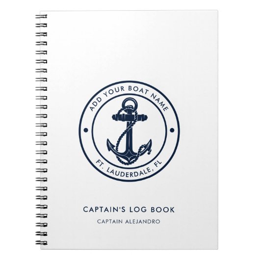 Nautical Boat Name Navy Blue Anchor Captain's Log ノートブック (正面)