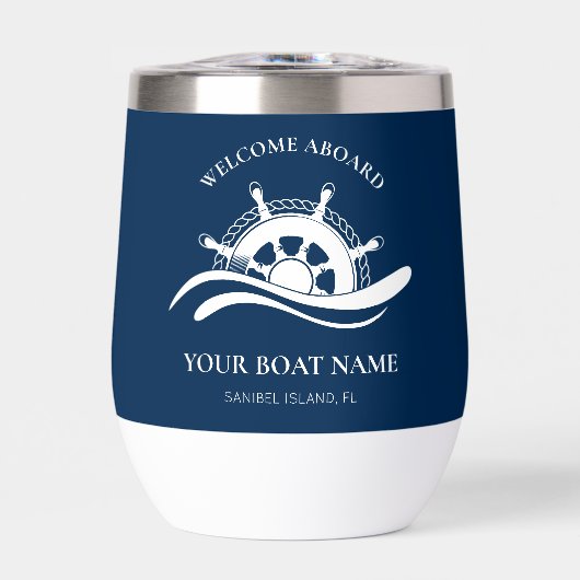 Nautical Boat Name Navy Blue Ship Wheel Welcome (正面)