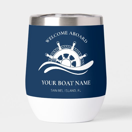 Nautical Boat Name Navy Blue Ship Wheel Welcome (背面)