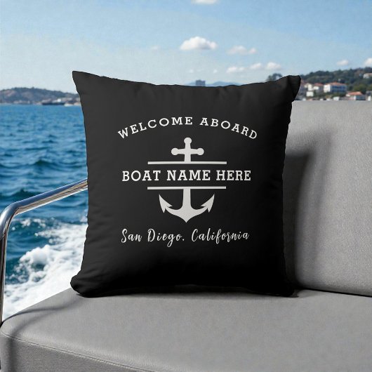 Nautical Boat Name Welcome Aboard Anchor Black クッション