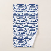 Nautical Boats Pattern Towel Set, White and Blue  バスタオルセット (ハンドタオル)