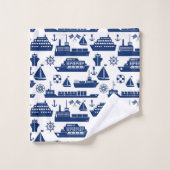 Nautical Boats Pattern Towel Set, White and Blue  バスタオルセット (ウォッシュタオル)