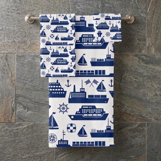 Nautical Boats Pattern Towel Set, White and Blue  バスタオルセット