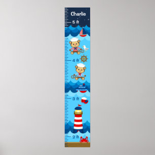 Nautical Boy Monkey Red and Navy Growth Chart ポスター