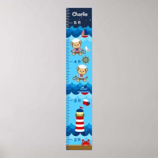 Nautical Boy Monkey Red and Navy Growth Chart ポスター (正面)