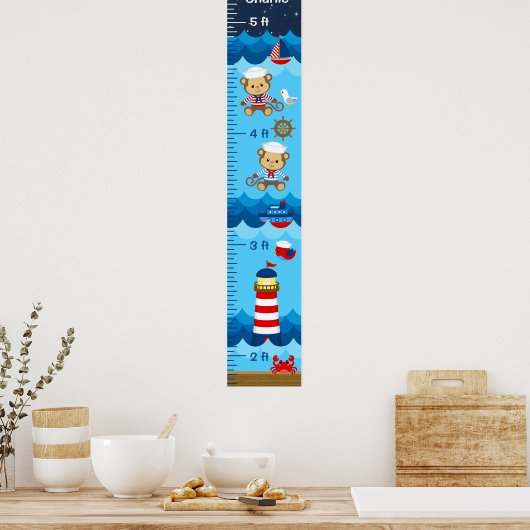 Nautical Boy Monkey Red and Navy Growth Chart ポスター (キッチン)