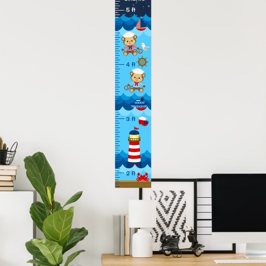 Nautical Boy Monkey Red and Navy Growth Chart ポスター (ホームオフィス)