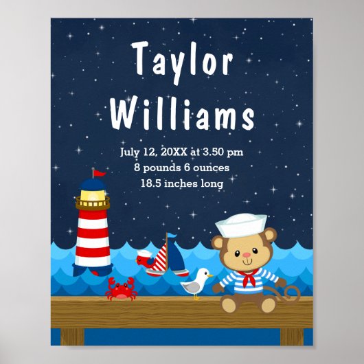 Nautical Boy Monkey Red Navy Birth Statistics ポスター (正面)