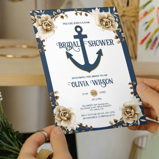 Nautical Bridal Shower Anchor Blue Gold Floral  招待状
