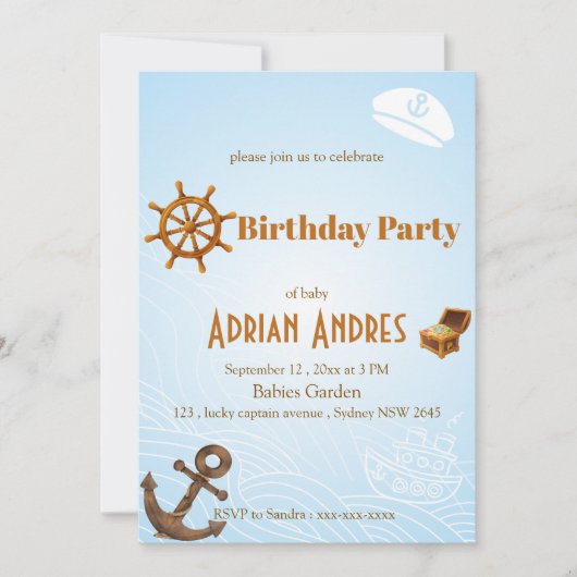 Nautical Captain Baby Boy First Birthday Invitatio 招待状 (正面)