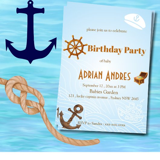Nautical Captain Baby Boy First Birthday Invitatio 招待状