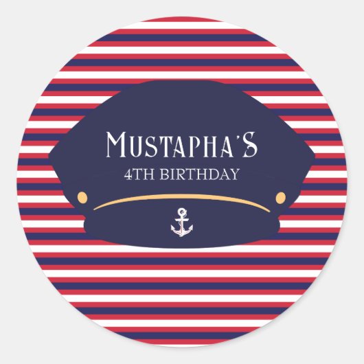 Nautical Captain Birthday Red & Navy Stripes ラウンドシール (正面)