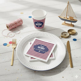 Nautical Captain Hat Birthday Navy & Red Stripes K スタンダードカクテルナプキン