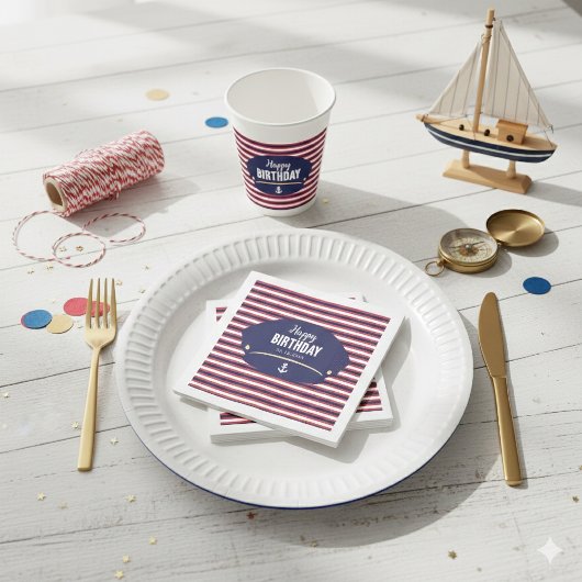 Nautical Captain Hat Birthday Navy & Red Stripes K スタンダードカクテルナプキン