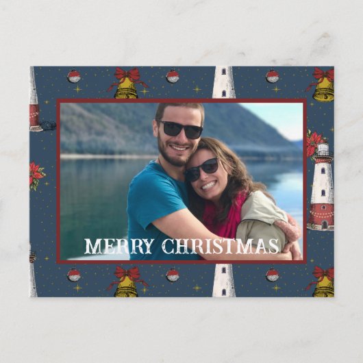 Nautical Christmas Coastal Lighthouse Pattern シーズンポストカード (正面)
