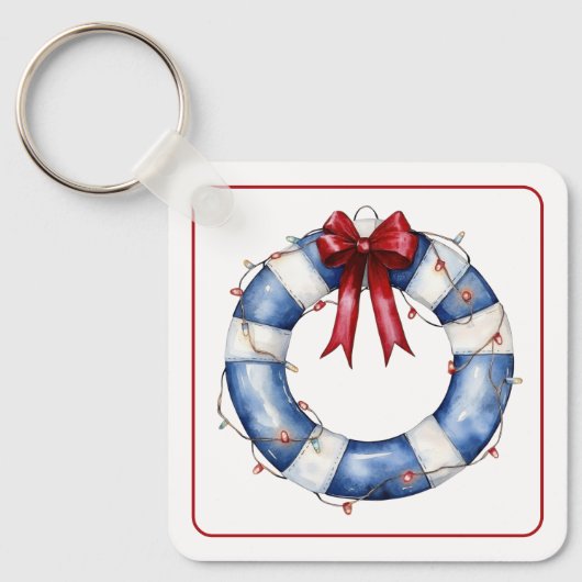 Nautical Christmas Life Preserver With Bow キーホルダー (正面)